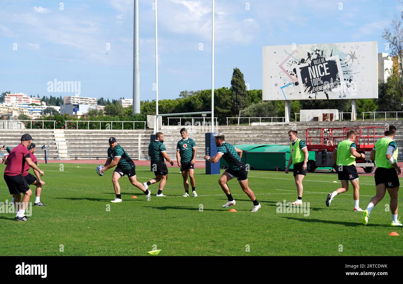 Walisische Spieler während einer Trainingseinheit im Stade Charles-Ehrmann, Nizza. Bilddatum: Dienstag, 12. September 2023. Stockfoto