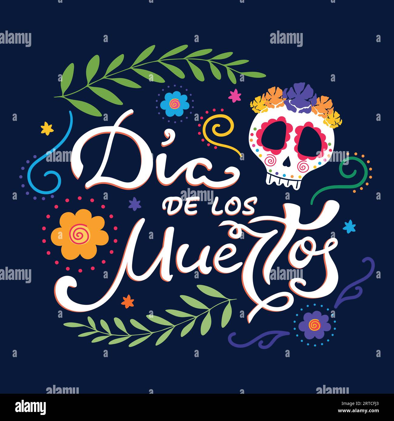 Tag der Toten, Dia de los Muertos mexikanisches traditionelles Urlaubsposter mit Zuckerschädel und Blumen. Handschrift. Vektorillustration Stock Vektor