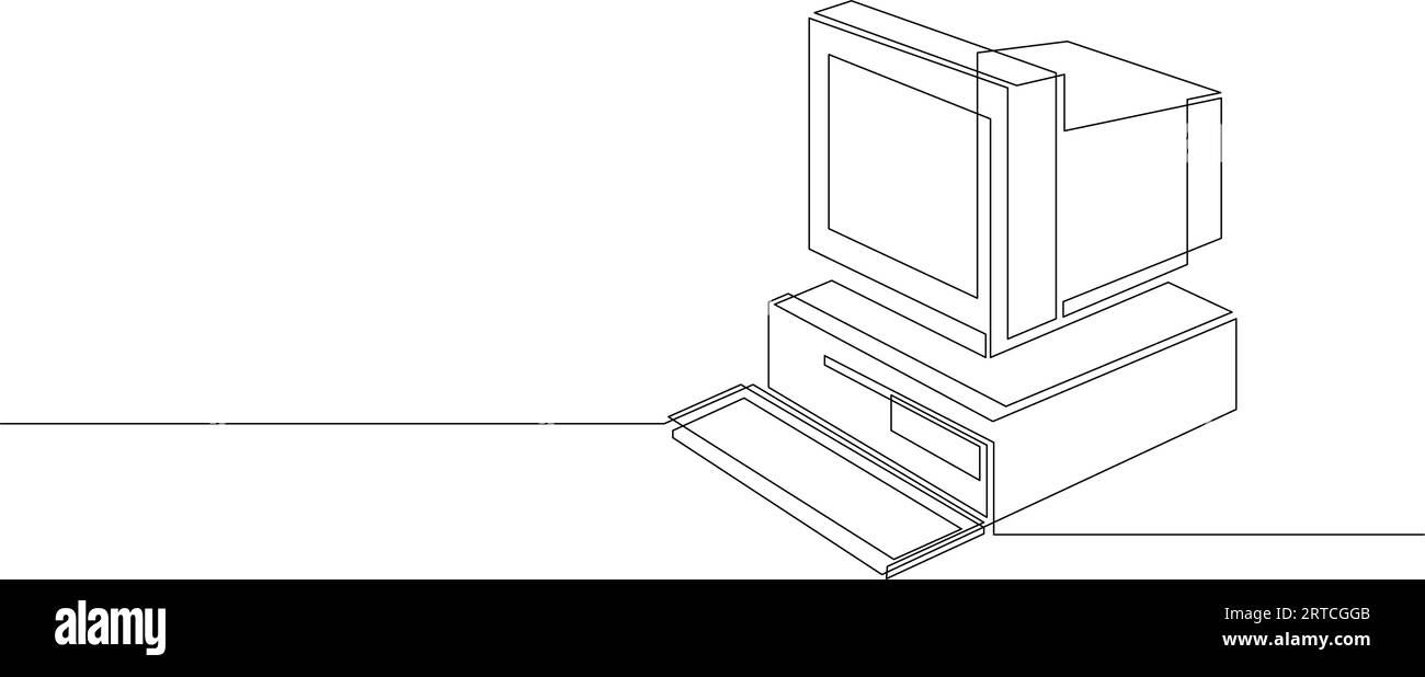 Durchgehende einzeilige Zeichnung eines Retro-PCs. Vintage-cpu mit analogem Monitor und Tastatur, einzeilig gezeichnet. Vektorillustration Stock Vektor