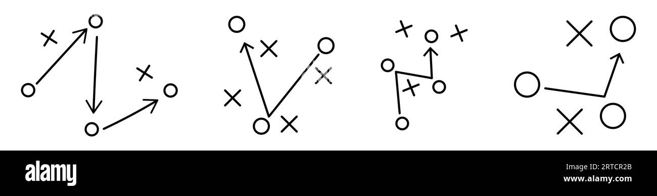 Spielpläne für Fußballfelder. Strategie der Fußballmannschaft. Vektorillustration isoliert auf weißem Hintergrund Stock Vektor