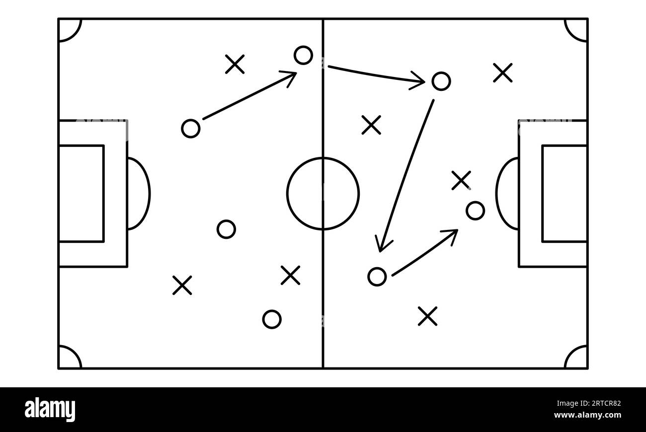 Fußballfeld-Strategie-Spielplan. Diagramm mit Pfeilen und Spielern an Bord. Sportkonzept. Vektorillustration Stock Vektor