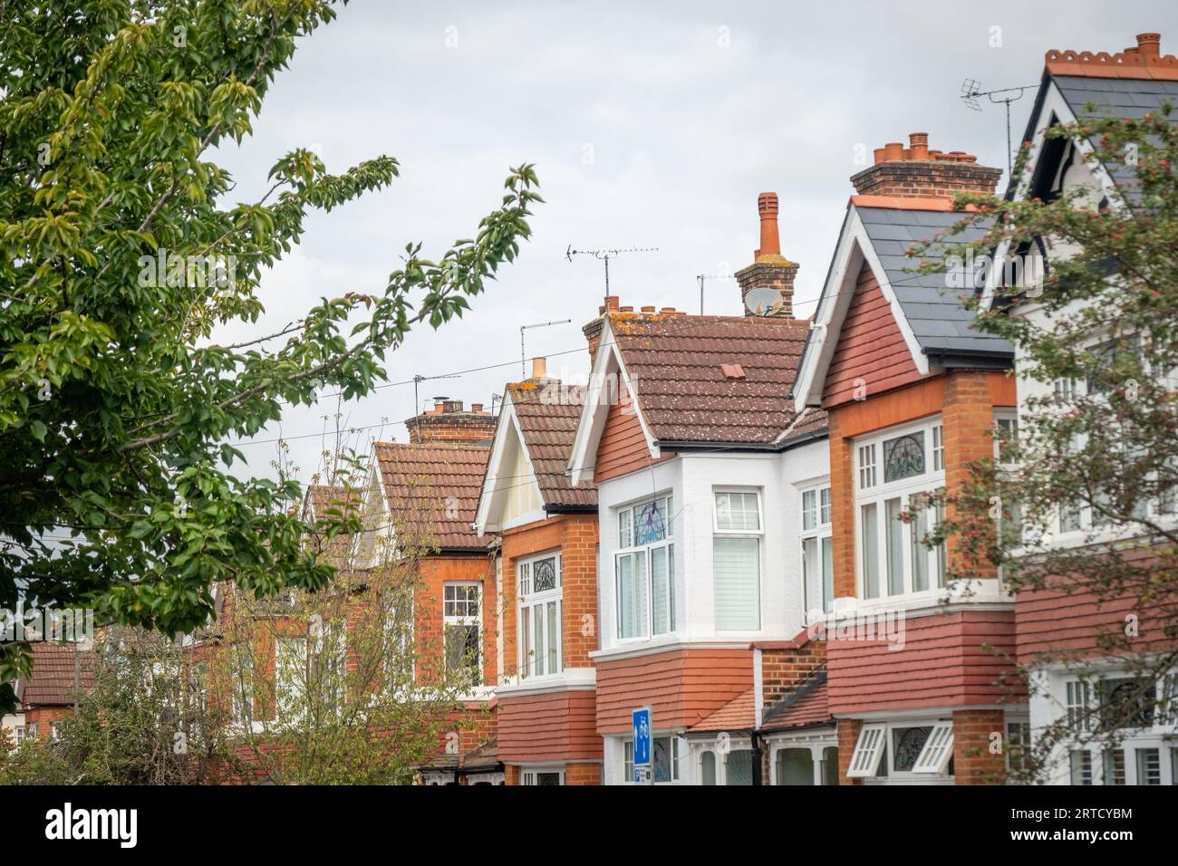 Straße mit typisch britischen Wohnfamilienhäusern im Südwesten Londons Stockfoto