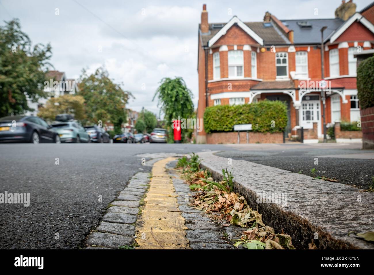 Straße mit typisch britischen Wohnfamilienhäusern im Südwesten Londons Stockfoto