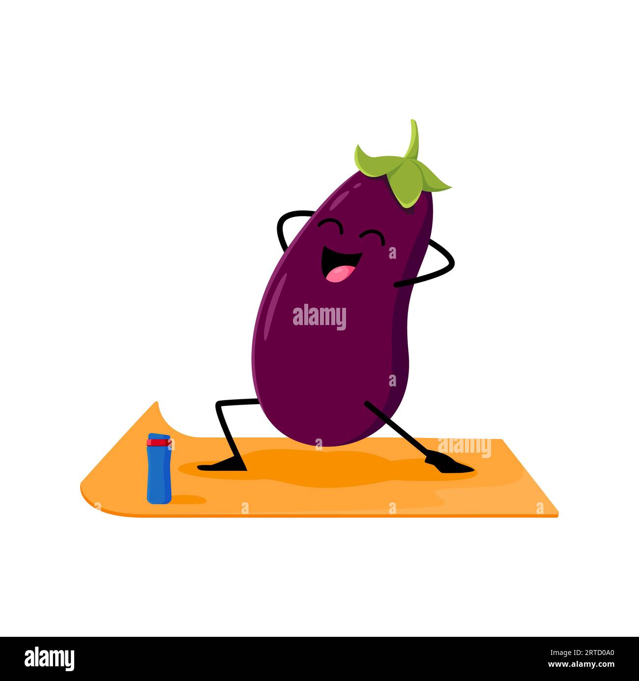 Karikatur-Auberginen-Gemüsecharakter in Yoga-Pose. Vector lustige Gemüsesorten, die während des Wellness- oder Fitnesskurses auf der Matte stehen. Comic Personage Practice Hea Stock Vektor