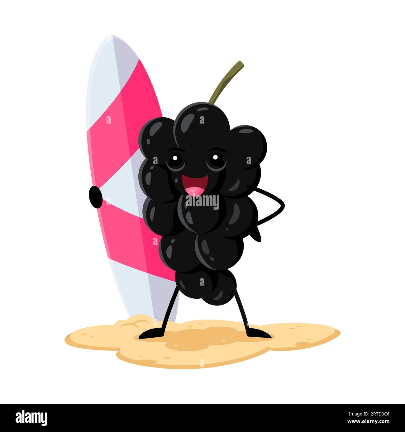 Cartoon Black Currant Beere Charakter Surfer Outdoor Unterhaltung und Entspannung im am Meer Resort. Gesünder Vektor Comic Food Personage Unwindin Stock Vektor