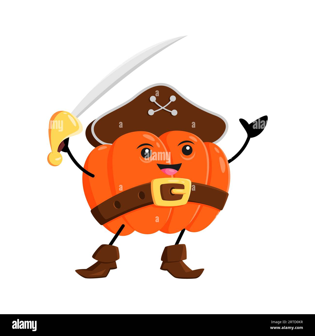 Cartoon Kürbis Gemüsepirate und Korsar-Charakter mit Säbel. Vektor-Captain-Figur mit glücklichem lächelndem Gesicht. Picaroon Wear Tricorn Holding swo Stock Vektor