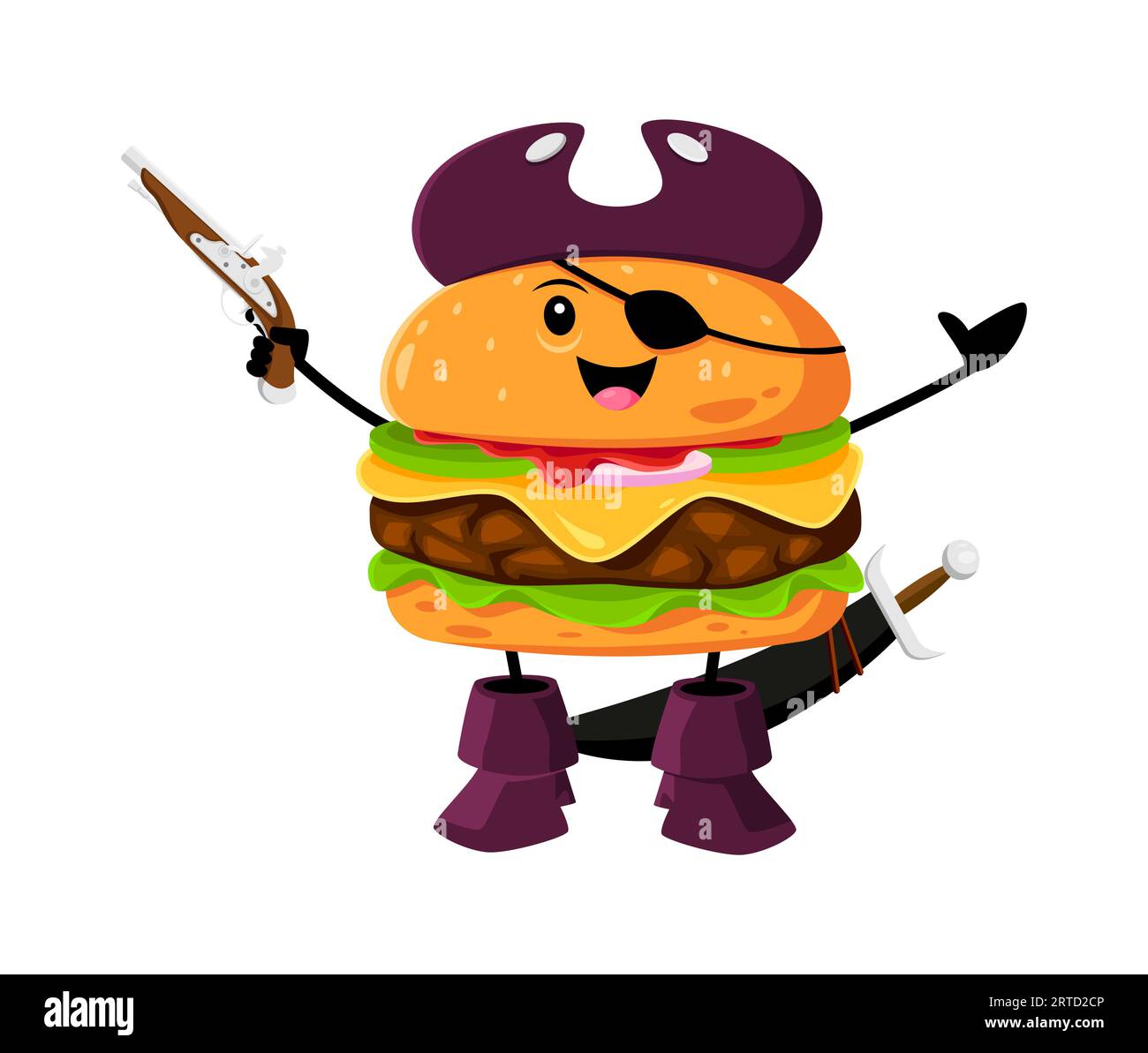 Cartoon-Fast-Food-Hamburger-Piraten und Korsar-Charakter. Street Cafe Essen Buccaneer nette Persönlichkeit, Imbiss Restaurant Cheeseburger Filibuster pirat Stock Vektor