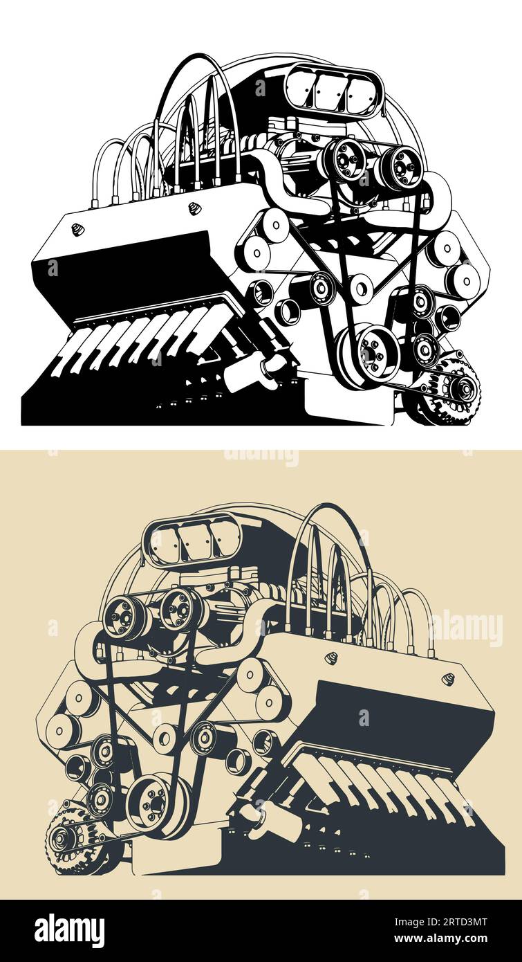 Stilisierte Vektorgrafiken eines leistungsstarken V-Motors mit Turbolader Stock Vektor