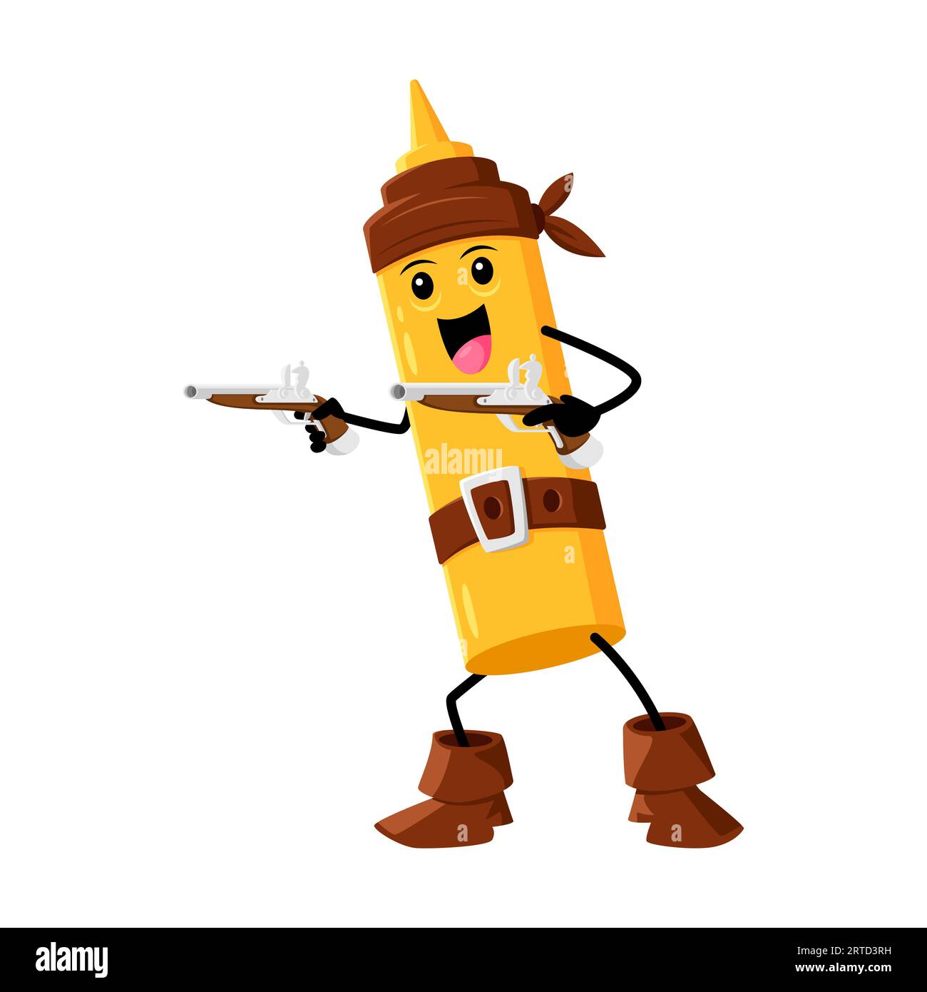 Cartoon-Fast-Food-Senfpirate und Korsar-Charakter. Fastfood-Mahlzeit scharfe Sauce Filibuster Childish Personage, Street Cafe Senf Corsair oder Priva Stock Vektor