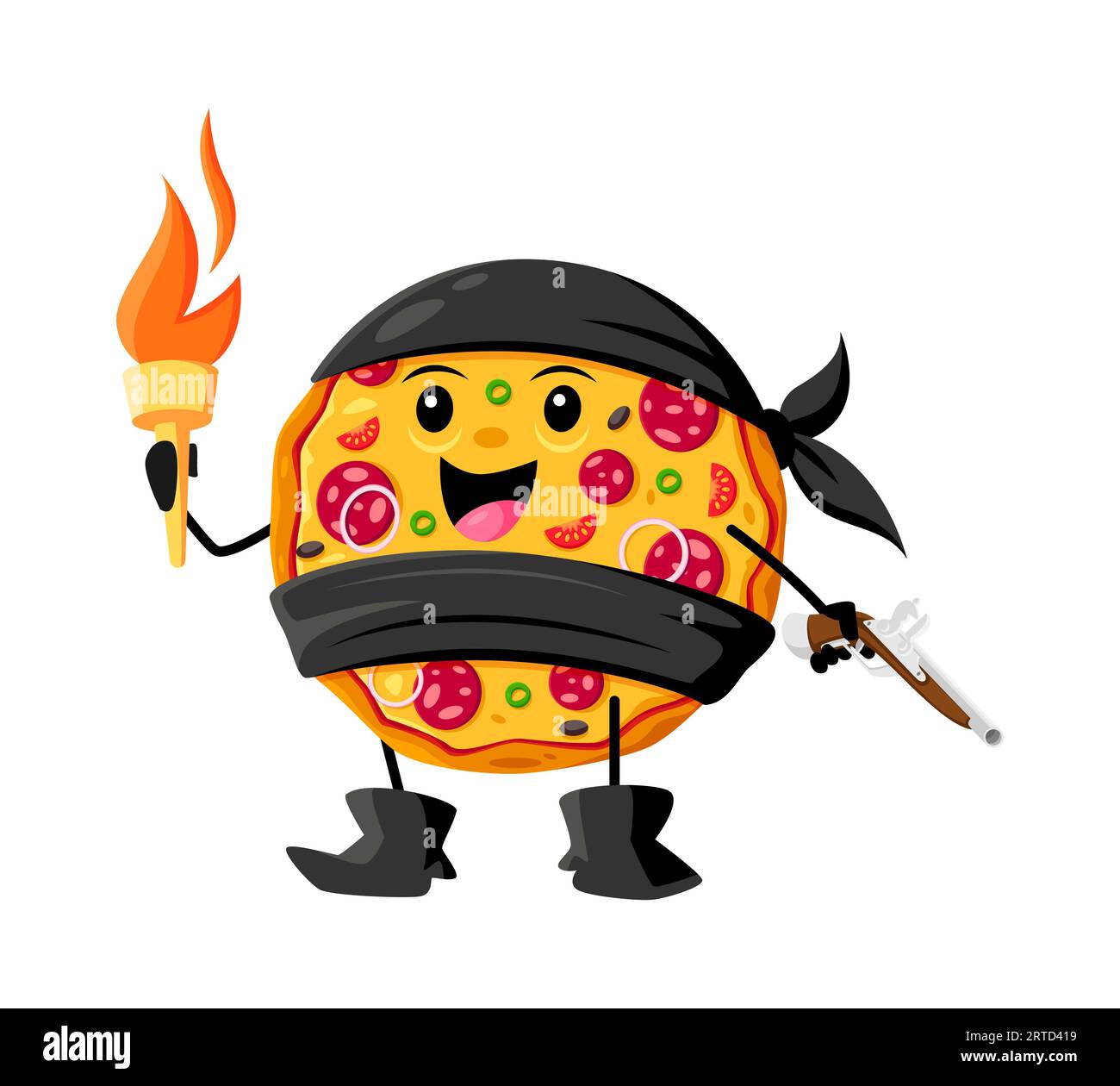 Cartoon-Fast-Food-Pizza-Pirat und Korsar-Charakter. Essen zum Mitnehmen im Restaurant korsair Happy Personage, Street Cafe Pizza Pirate oder Filibuster Isolate Stock Vektor