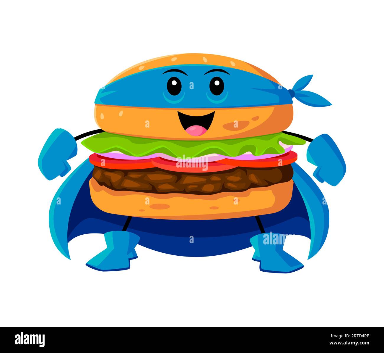 Cartoon-Fast-Food-Hamburger-Superheldenfigur. Burger Defender niedliche Persönlichkeit, Street Cafe Essen Verteidiger oder Hamburger Held fröhlich isoliert komisch Stock Vektor