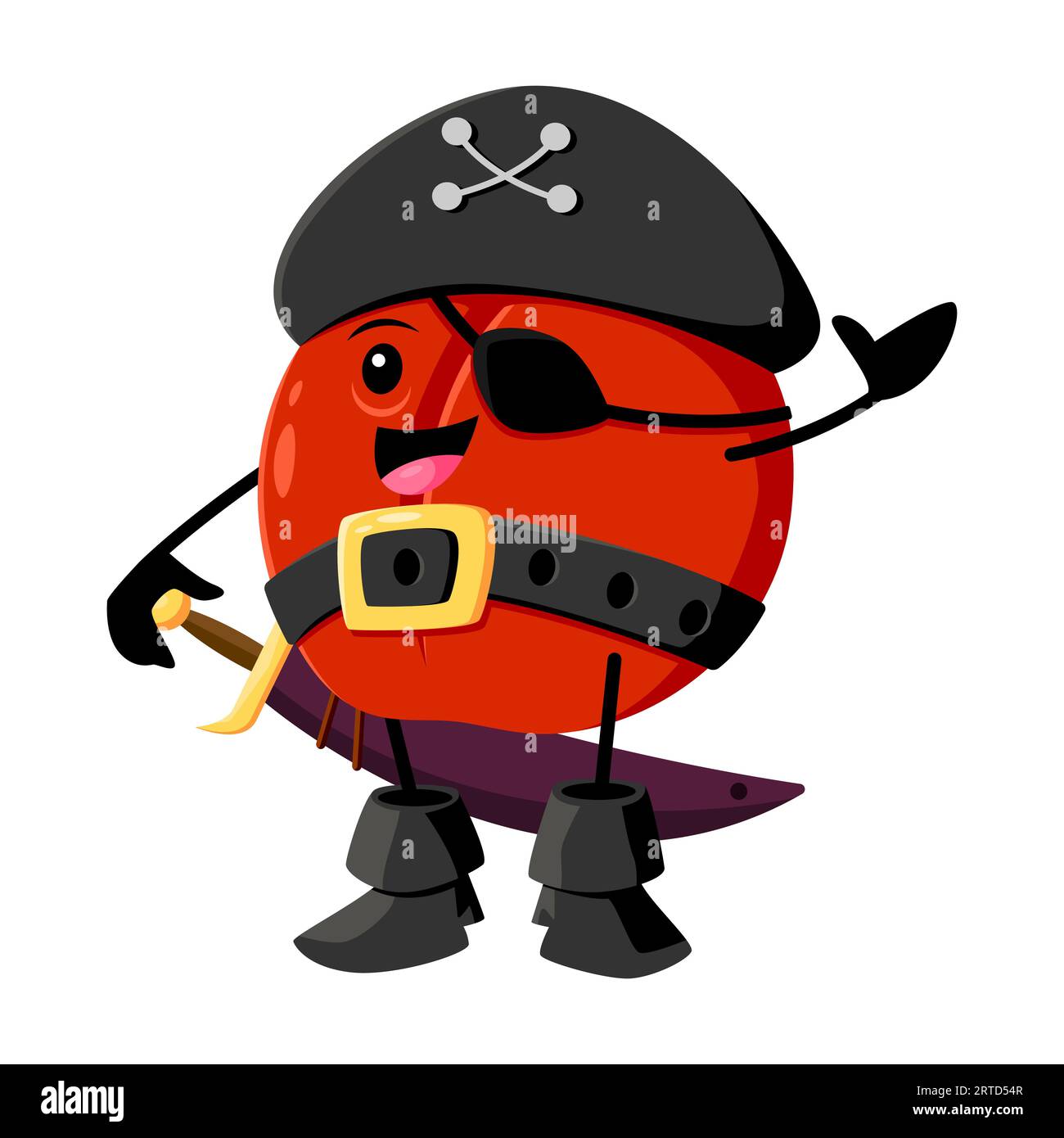 Ein Comic-Pirat aus roten Apfelfrüchten und Korsaren mit Augenfleck, Schwert und Tricorn-Hut sucht auf hoher See nach Schätzen. Isolierter Vektor GA Stock Vektor