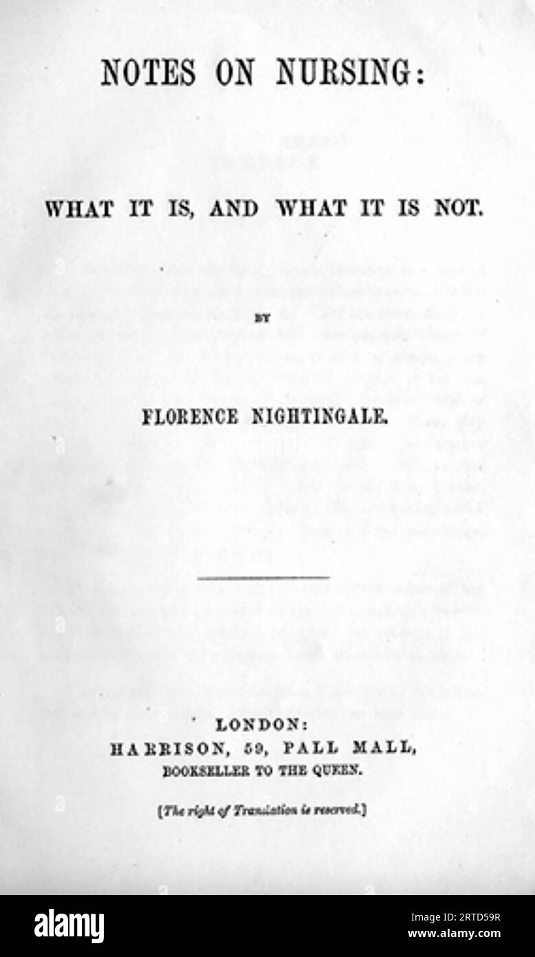 FLORENCE NIGHTINGALE (1820-1910) englischer Pionier der modernen Krankenpflege um 1860. Titelseite ihrer Krankenpflegenotizen aus dem Jahr 1859. Stockfoto