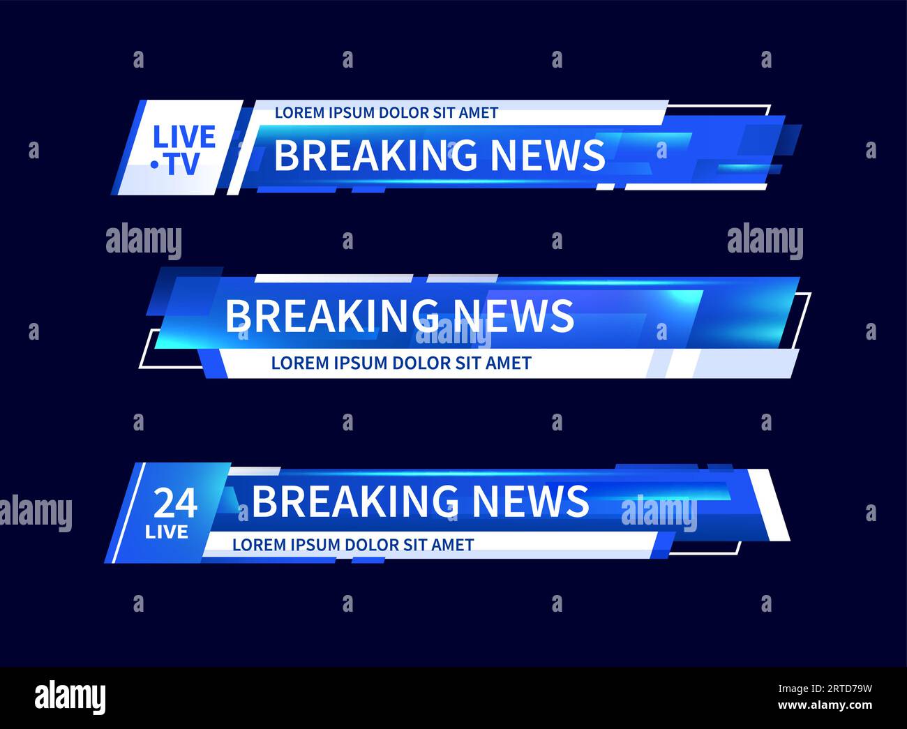 Unterer dritter Header, tv-Schlagzeile, Nachrichtenleiste. Vektorvideotitel oder TV-Informationszeilen. Moderne, farbenfrohe, blau-weiße Neon-Grafik-Overlay-iso Stock Vektor