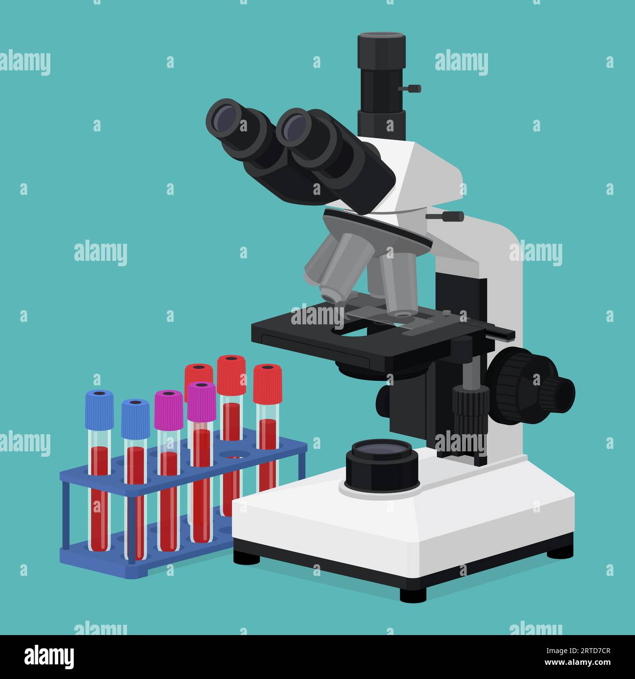 Mikroskop- und Blutproben in einem Vials-Rack-Isolate, Diagnostik und Forschungskonzept Stock Vektor
