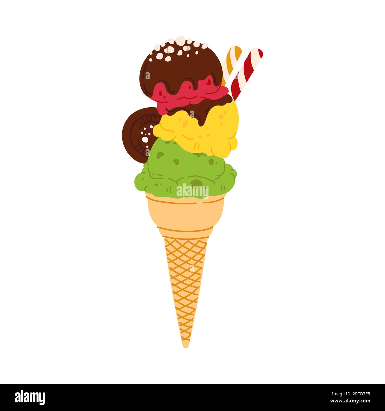 Fruchtiges Eis in Waffelkegel, leckeres Sommerdessert. Vector süßer Eislöffel, Fastfood-Snack. Eis- oder Eisbecher-Eis, Eisball in waf Stock Vektor