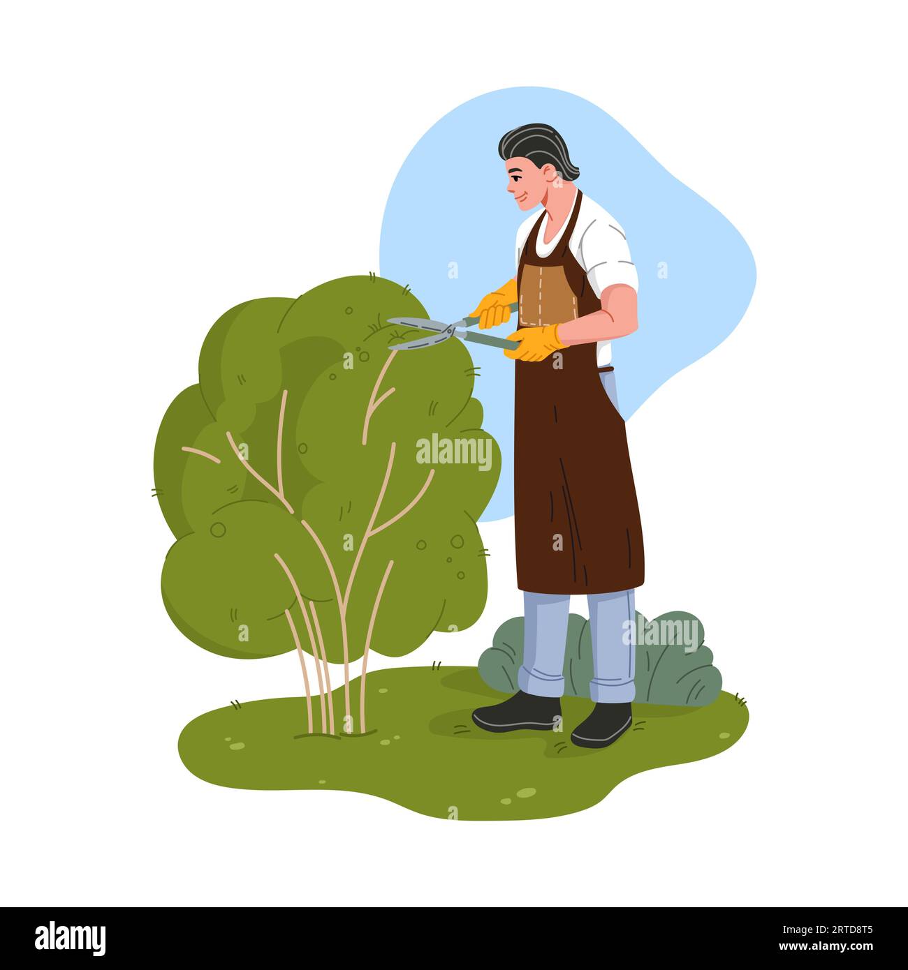 Zeichentrickgärtner, der den grünen Busch im Garten schneidet oder trimmt, Vektorrasenpflege, Landschaftsgestaltung, Gartenarbeit und Landschaftsgestaltung. Gärtner Pruni Stock Vektor