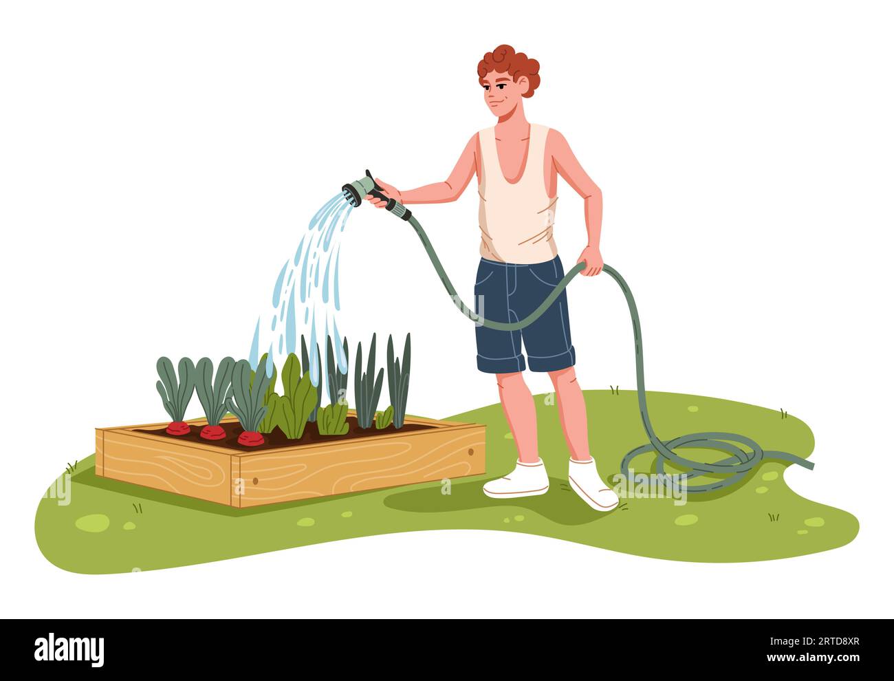 Fröhlicher Bauerncharakter, der Gemüse im Gartenbett tränkt. Karikaturgärtner Vektorpersönlichkeit, die auf dem Bauernhof oder im Garten arbeitet. Glücklicher junger Mann, der pla tränkt Stock Vektor