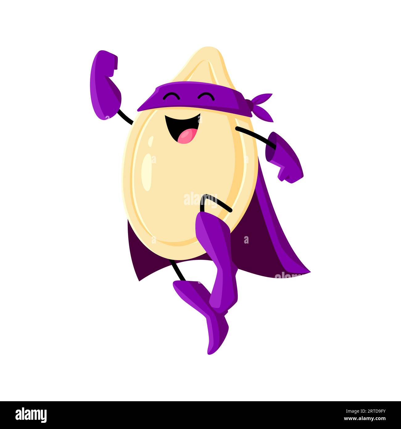 Cartoon Kürbis Samen Superheldenfigur. Vektorfigur in lila Kostüm mit Maske und cape fliegt durch die Luft, knackt Witze und kämpft mit der Kraft seiner nussigen Stärke gegen Bösewichte Stock Vektor