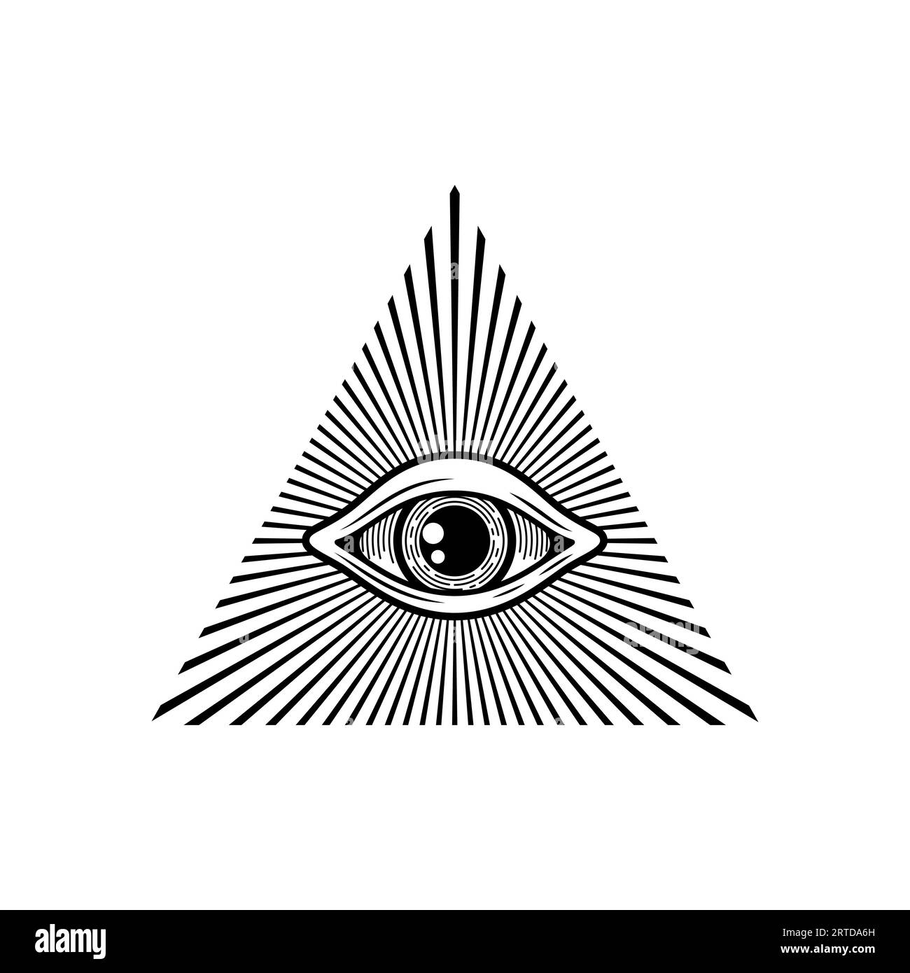 Auge der Vorsehung Verschwörungstheorie Zaubertalisman. Vektor-Freimaurersymbol, alle sehen das Auge in der Dreieckspyramide. Heiliges Dreieck mit Sichtzeichen Stock Vektor