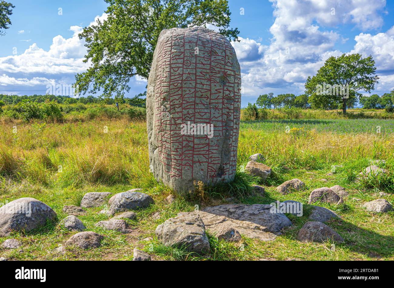 Der alte Karlevi-Runenstein, auch Karlevi-Stein genannt, liegt außerhalb des Dorfes Färjestaden, Öland Island, Kalmar County, Schweden. Stockfoto