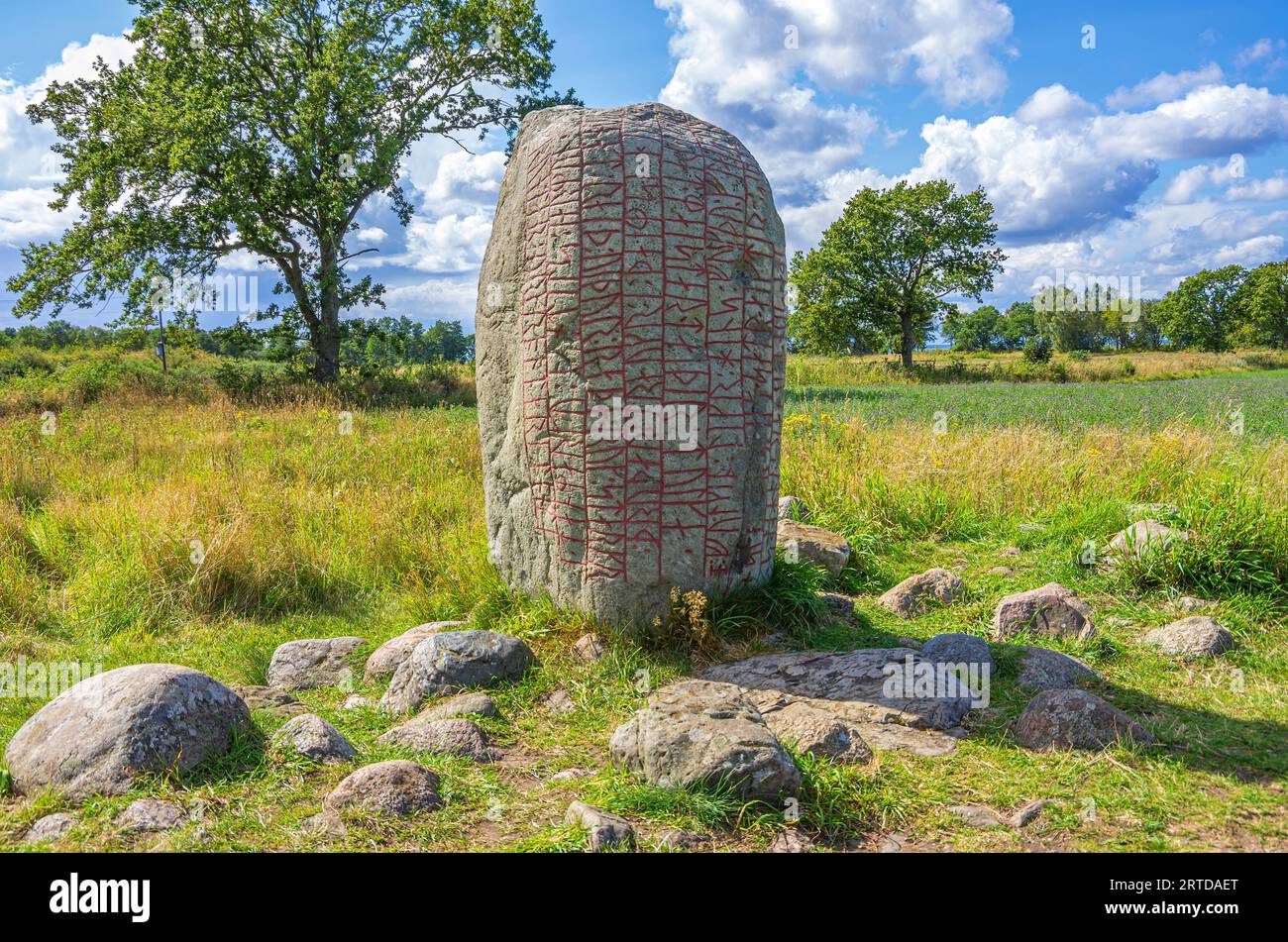 Der alte Karlevi-Runenstein, auch Karlevi-Stein genannt, liegt außerhalb des Dorfes Färjestaden, Öland Island, Kalmar County, Schweden. Stockfoto