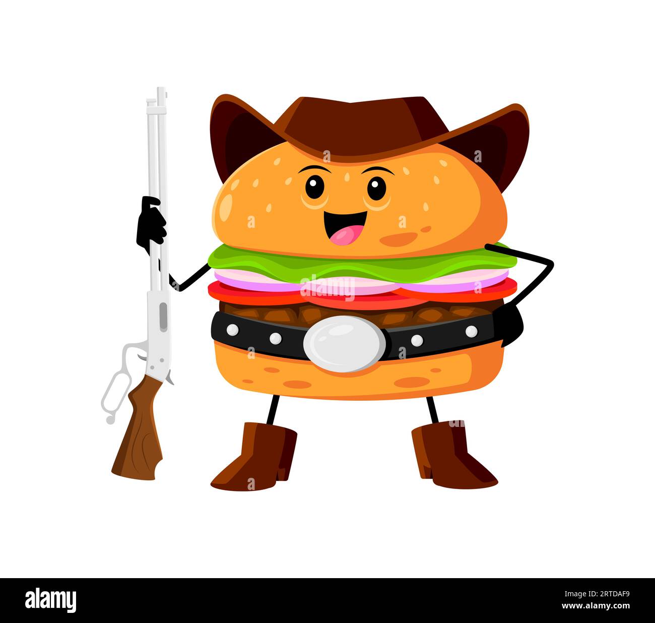 Cartoon Fast Food Hamburger Sheriff Charakter. Street Food Café oder Take-away Restaurant Mahlzeit westlicher Sheriff kindisches Maskottchen, Hamburger Ranger oder Wild West Bandit isolierte Vektorfigur mit Gewehr Stock Vektor
