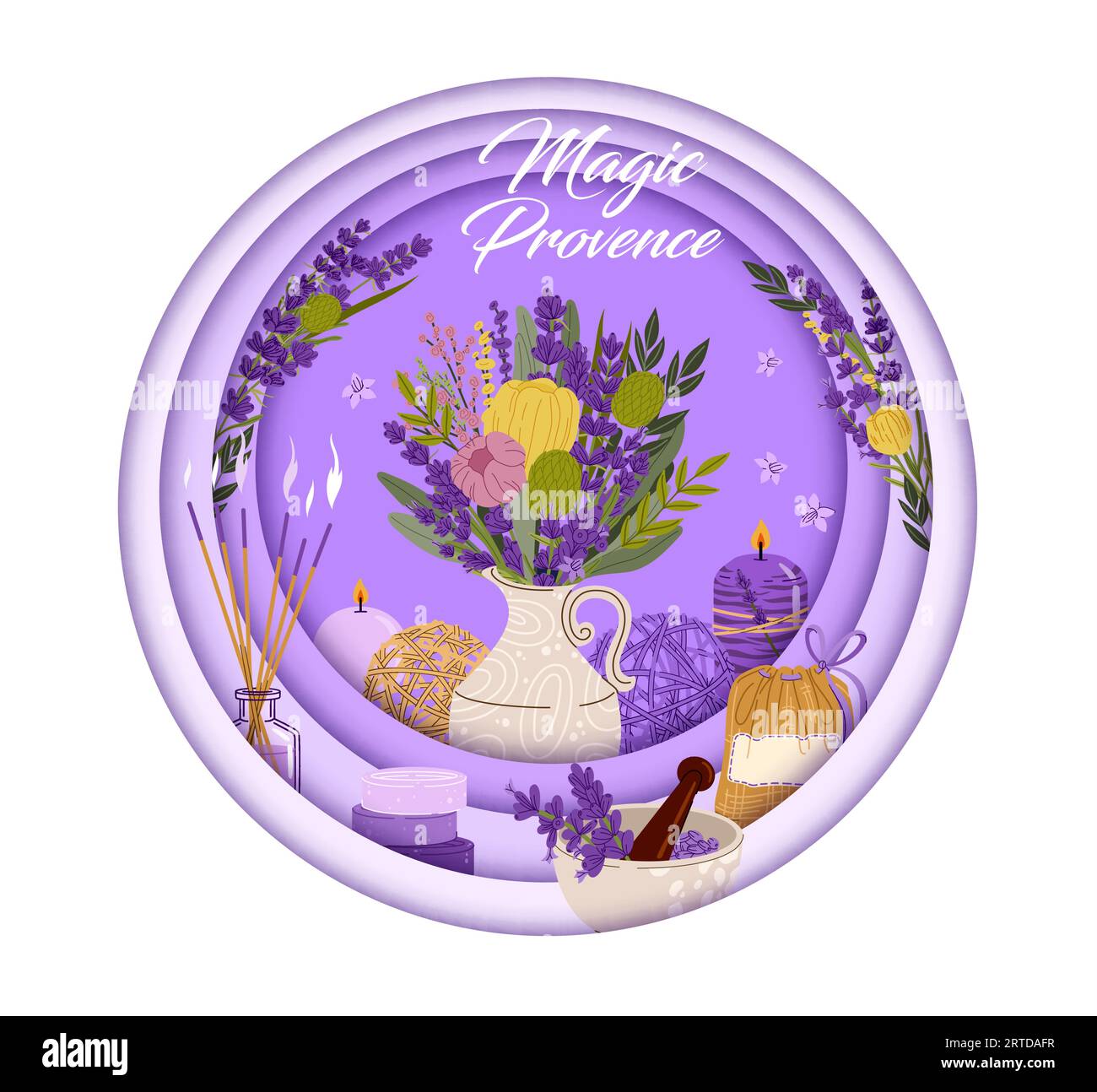 Lavendelpapier geschnittenes Banner mit Blumen und Kosmetik. Blumenstrauß von Frühlingsblumen, Pflanzen und Kräutern der provence im runden Vektorrahmen aus 3D-Papierschnittschichten mit Lavendelseife, ätherischem Öl, Kerzen Stock Vektor