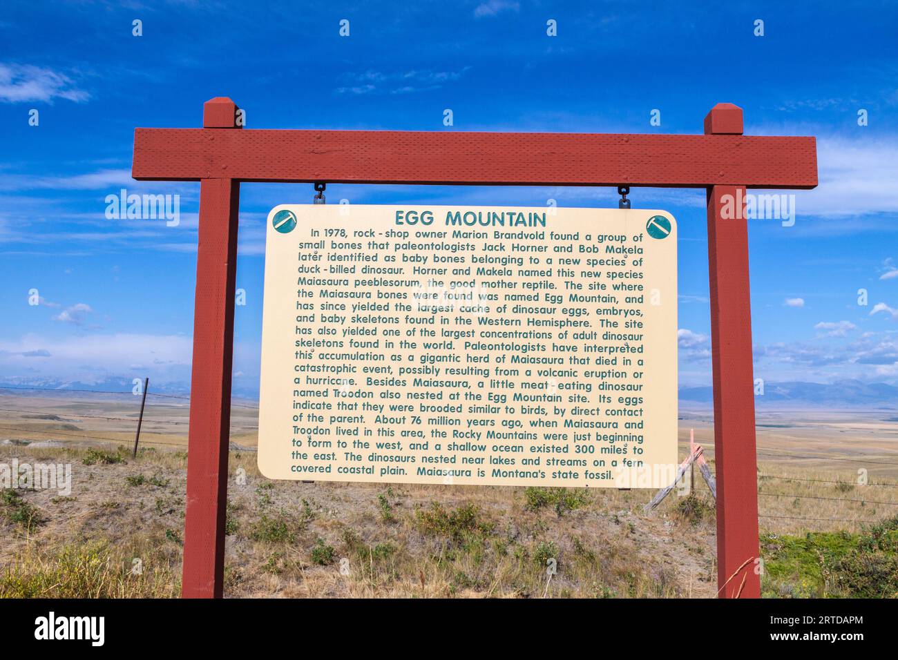 Autobahnschild am Egg Mountain in Montana. Nester und Eier des Entenschnabeldinosauriers Maiasaura peeblesorum (Montana State Fossil), der hier gefunden wurde. Stockfoto