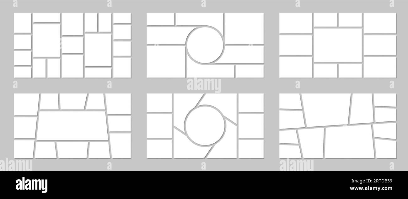 Fotomosaikcollage. Vektorvorlagen mit verschiedenen Formen zum Hinzufügen von Bildsätzen. Runde, quadratische, rechteckige, quadratische, trapezförmige oder Freiformteile zum Erstellen von Fotosammlungen, Montagen oder Moodboards Stock Vektor