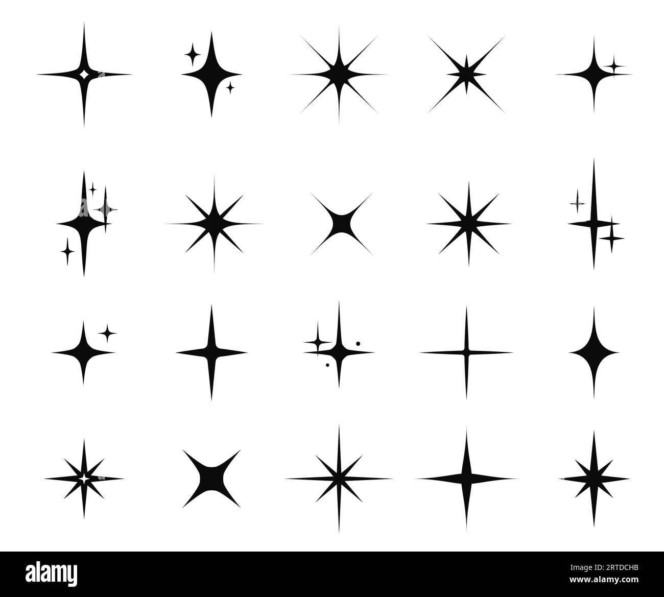 Sterne funkeln und funkeln. Sternenbruch, Sternenblitz. Isolierte Vektor-Starburst-Symbole, schwarze Silhouetten, strahlende Lichter und Funken von hellen leuchtenden Strahlen und Flare-Effekt. Magischer Glanz, glänzender Glitzer Stock Vektor