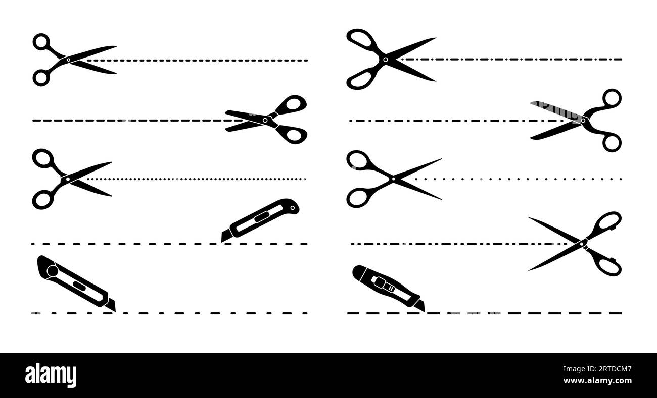 Schnittlinien, Scheren, Schnittlinien für Universalmesser. Vektor-Schwarzweiß gepunktete und gestrichelte Ränder. Perforierte horizontale Streifen für die Verpackung von Rabattgutscheinen, Papierseiten, Tickets oder Flyern Stock Vektor