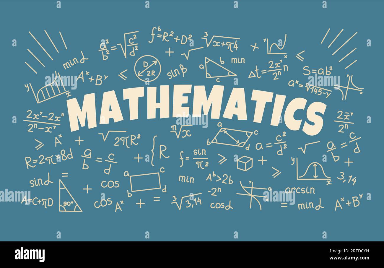 Mathematik-Hintergrund mit Symbolen und Formeln, Mathematik, Bildung. Vektorschultafel mit Skizzenkkreidegeometrie und Algebragleichungen. Hintergrund für Trigonometrie-Diagramme und Diagramme Stock Vektor