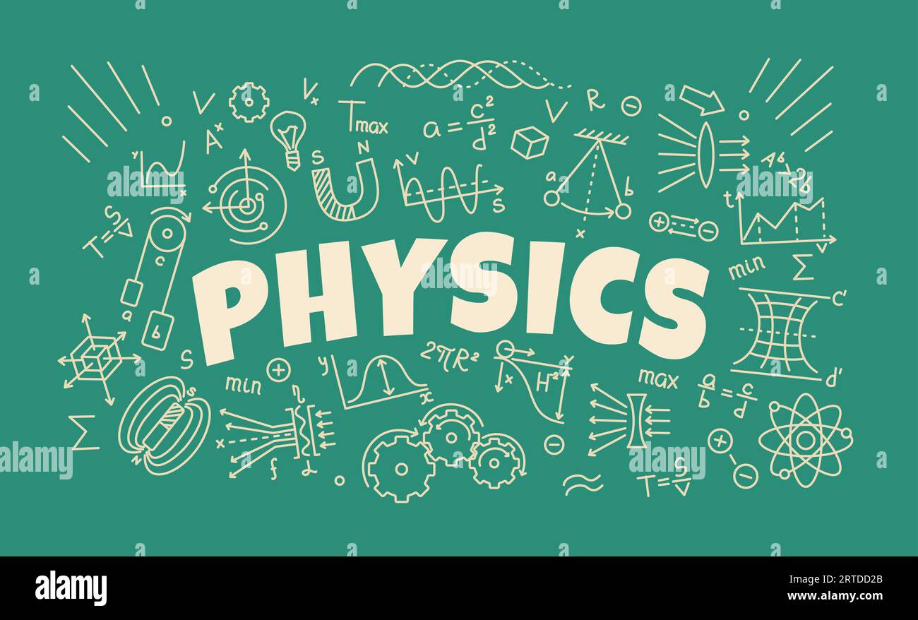 Physikhintergrund mit Formeln und Symbolen, Vektorausbildung. Schulvorstand mit physikwissenschaftlichen Gesetzen und Theorien, Kreideskizzengrafiken, Berechnungen und Problemen, Magnet, Prisma und Atommolekül Stock Vektor