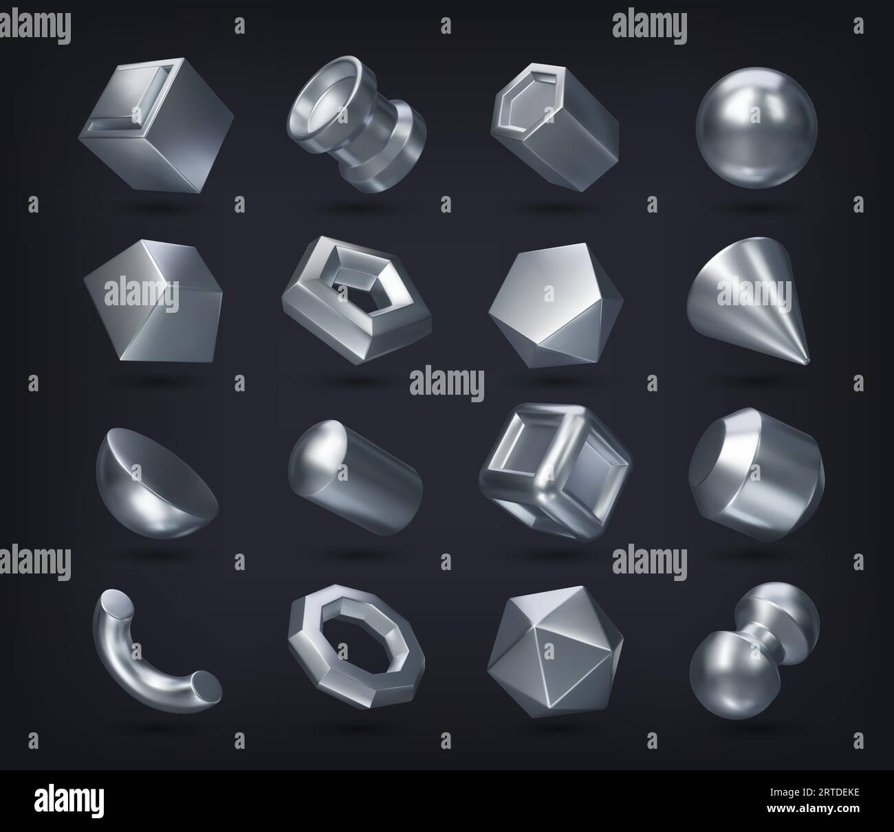3D-silberne geometrische Formen. Vektorwürfel und Zylinder, Kugel und Oktaeder, Kegel, Pyramide, Parallelepiped. Quadratische, sechseckige und fünfeckige Prismen, Dodekaeder und Ikosaeder, Halbkugel Stock Vektor