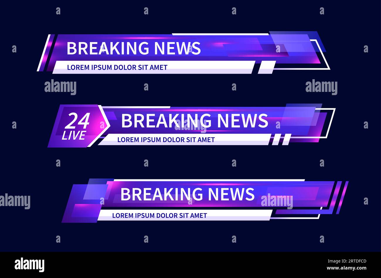 Untere dritte tv-Kopfzeile, Schlagzeile und Nachrichtenleiste. Vector Moderne bunte lila und weiße Neon-Video-Titel oder TV-News-Bar isolierte Vorlage. Broadcast-Streifen-Layout mit Text, Informationszeile Stock Vektor
