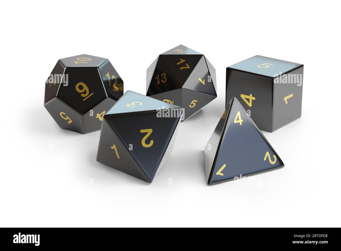 Set aus schwarzen Rollenspielwürfeln isoliert auf weißem Hintergrund. 3D-Abbildung. Stockfoto