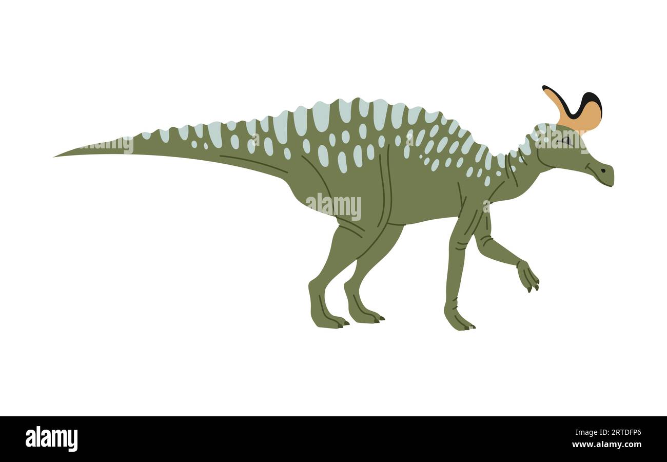 Dino mit Wappen auf dem Schädel, parasaurolophus Cartoon Dinosaurier Ikone. Vektor ausgestorbene prähistorische Kreatur. Dinosaurier ausgestorbenes Tier, pflanzenfressende Ornithopod walkeri dino Stock Vektor