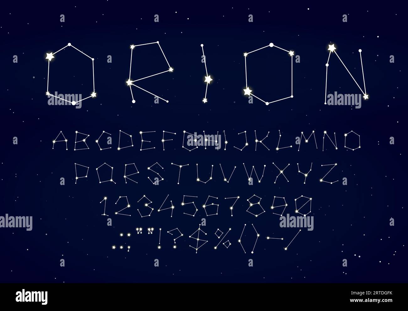 Schriftart oder -Typ des Sternenraums. Sternenkonstellation, Buchstaben und Zahlen der Galaxie auf dem Hintergrund des Nachthimmels. Vektor-abc von funkelnden Sternen mit funkelndem und glänzendem Licht, Astrologie und Astronomie Stock Vektor