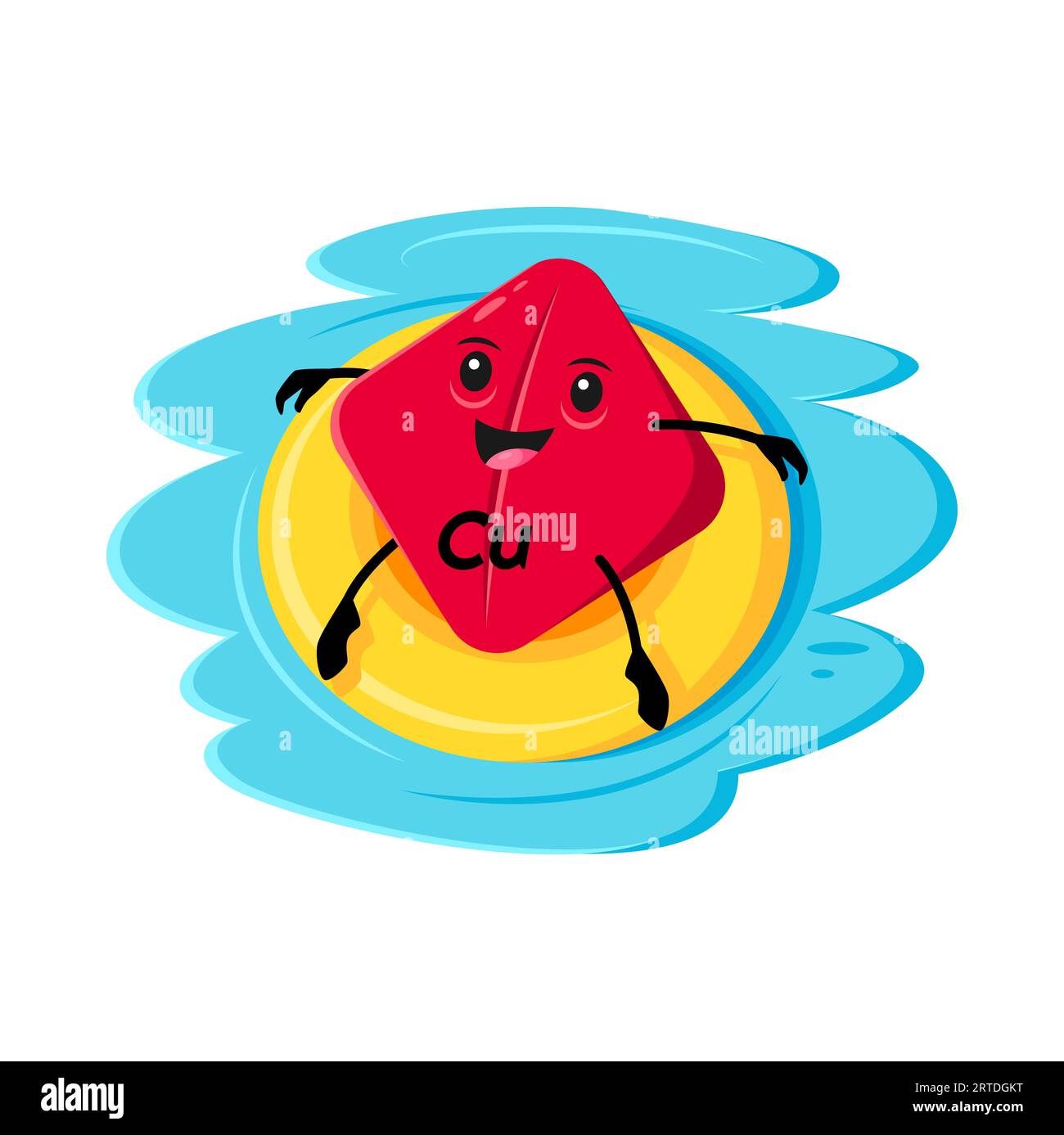 Comic-Kupfer- oder Cuprum-Mikronährstoff-Charakter auf Schwimmerring. Vector Cu Nutritious Element Capsule Personage Entspannen Sie sich am tropischen Strand oder Pool, bräunen und entspannen Sie während des Sommerurlaubs Stock Vektor