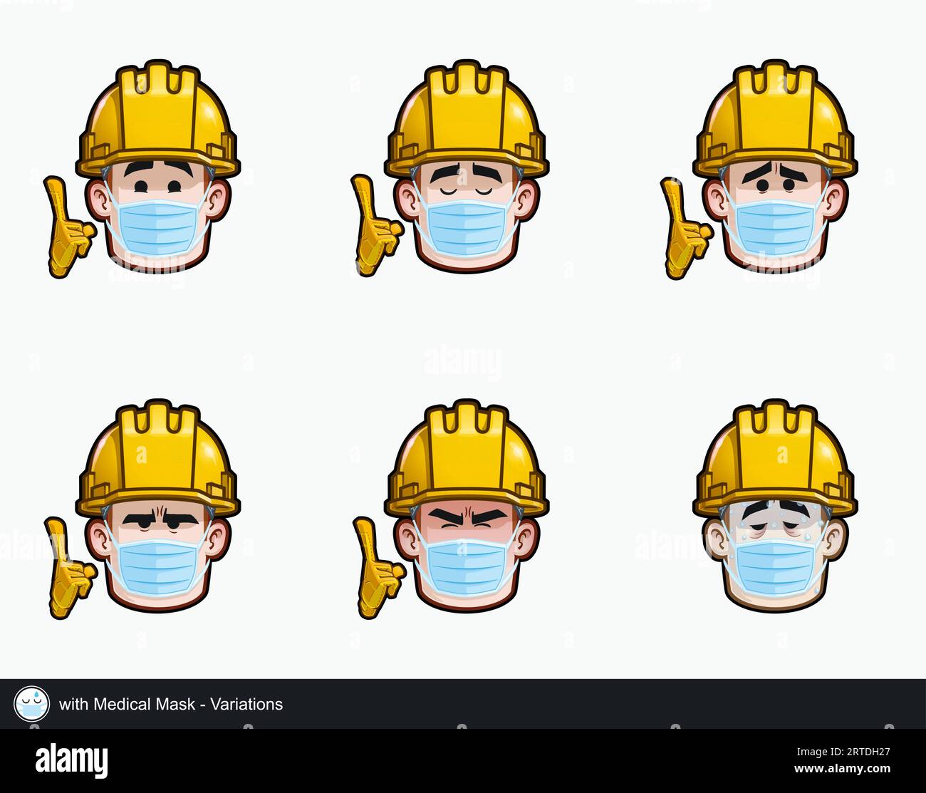 Icon-Set eines Bauarbeitergesichts mit Medical Mask emotionalen Ausdrucksvarianten. Alle Elemente sind auf gut beschriebenen Ebenen und Gruppen übersichtlich. Stock Vektor