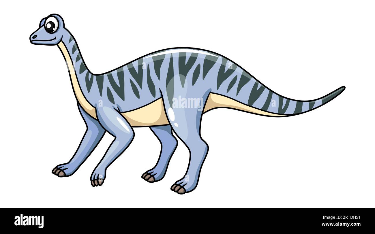 Zeichentrickfigur Mussaurus Dinosaurier. Isolierter Vektor-herbivorer sauropodomorph dino der späten trias-Periode. Prähistorisches Tier mit blauer Haut und schwarzen Streifen. Wildes Monster-Paläontologie-Geschöpf Stock Vektor