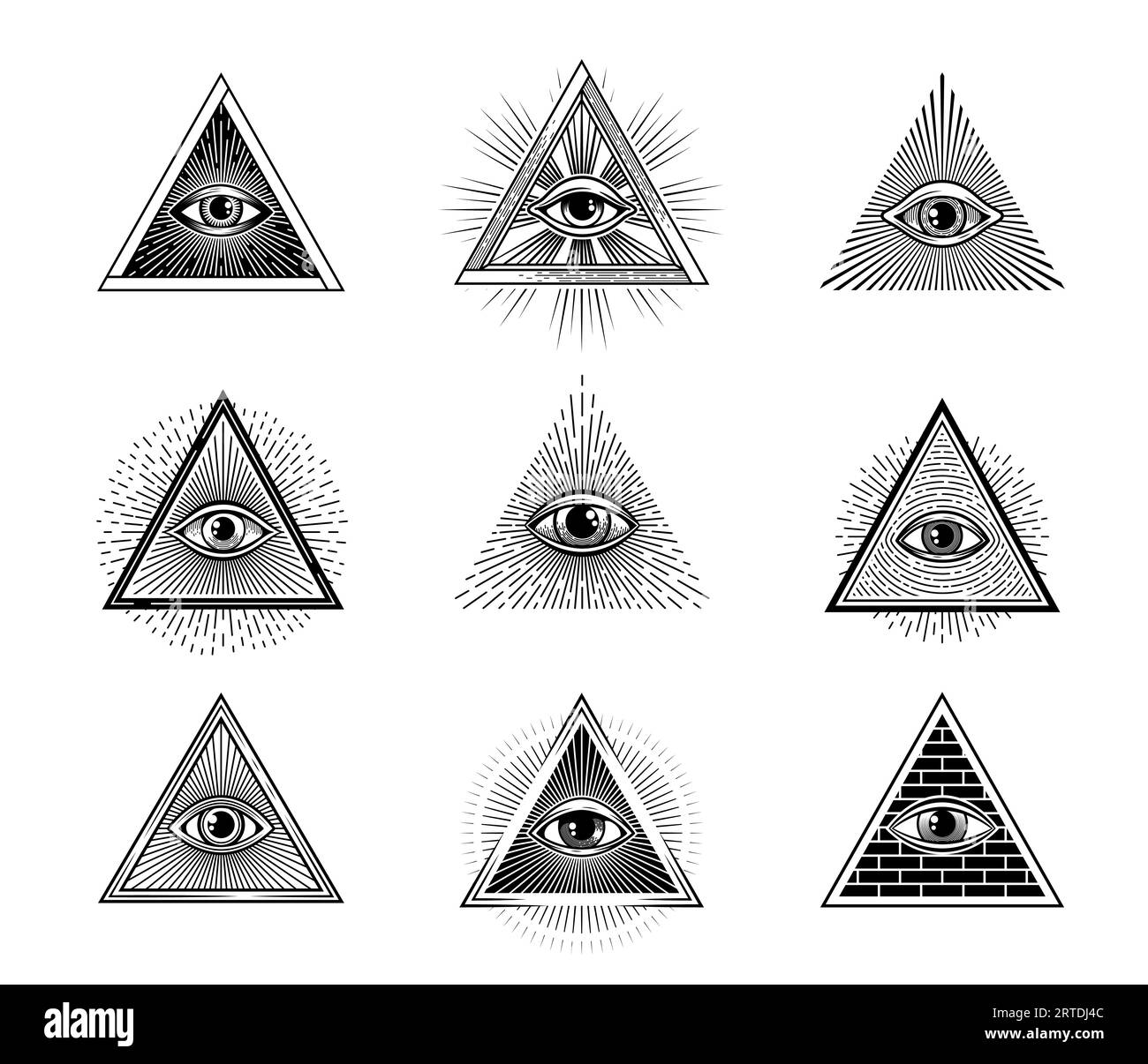 Illuminaten- oder mason-Pyramidenauge, okkultes Vorsehenssymbol, Vintage-Mystik-Tattoo, esoterisches spirituelles Zeichen. GOG alle Sehen- oder Vorsehenauge Freimaurer-, Astrologie- oder Zauberei-Vektorsymbole Stock Vektor