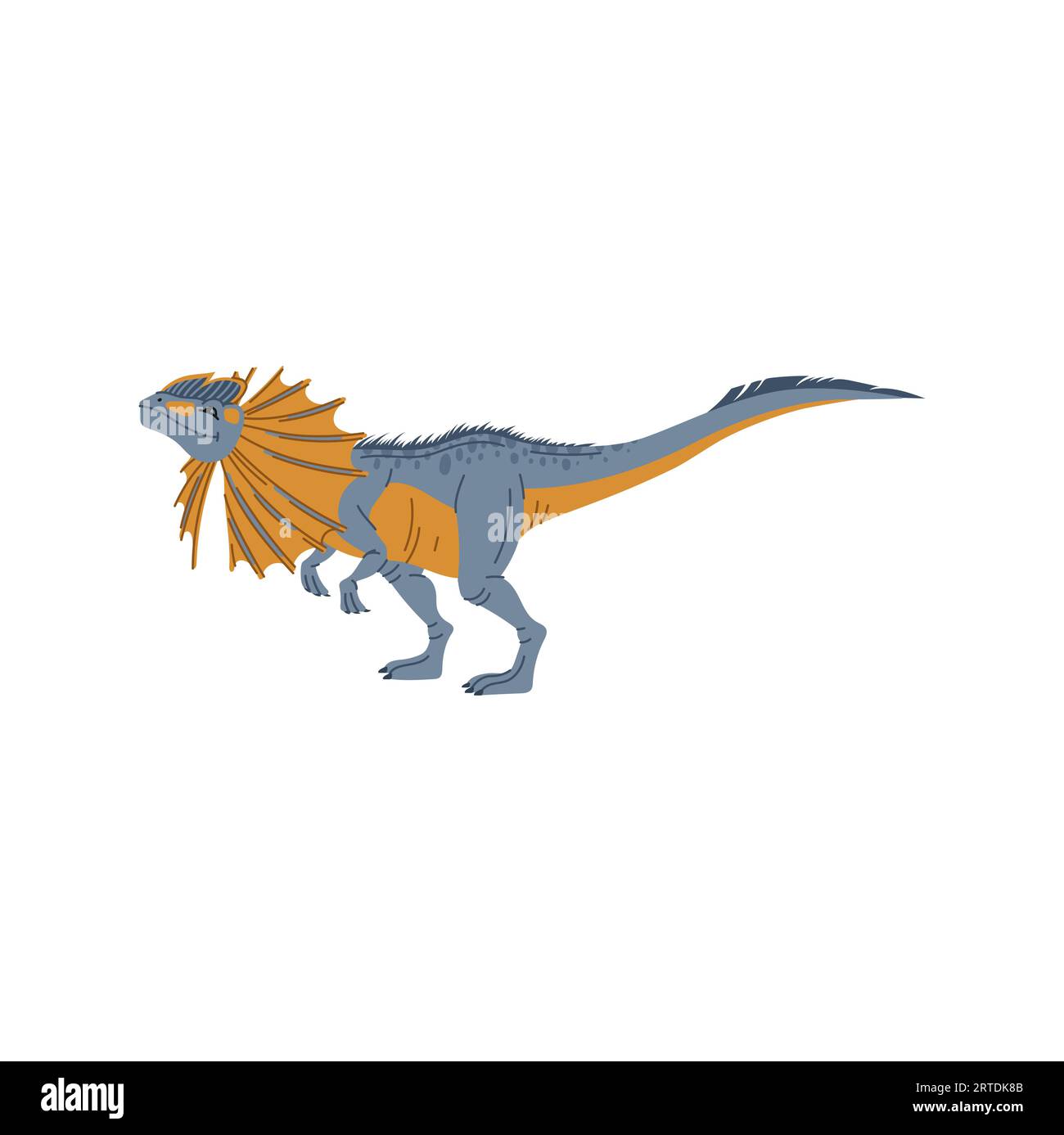 Dilophosaurus-Theropoden-Dinosaurier-Zeichentricktier. Dino-Tier, Baby-Dinosaurier-Kinderfigur. Dino mit Wappen am Hals, ausgestorbene prähistorische Kreatur Stock Vektor