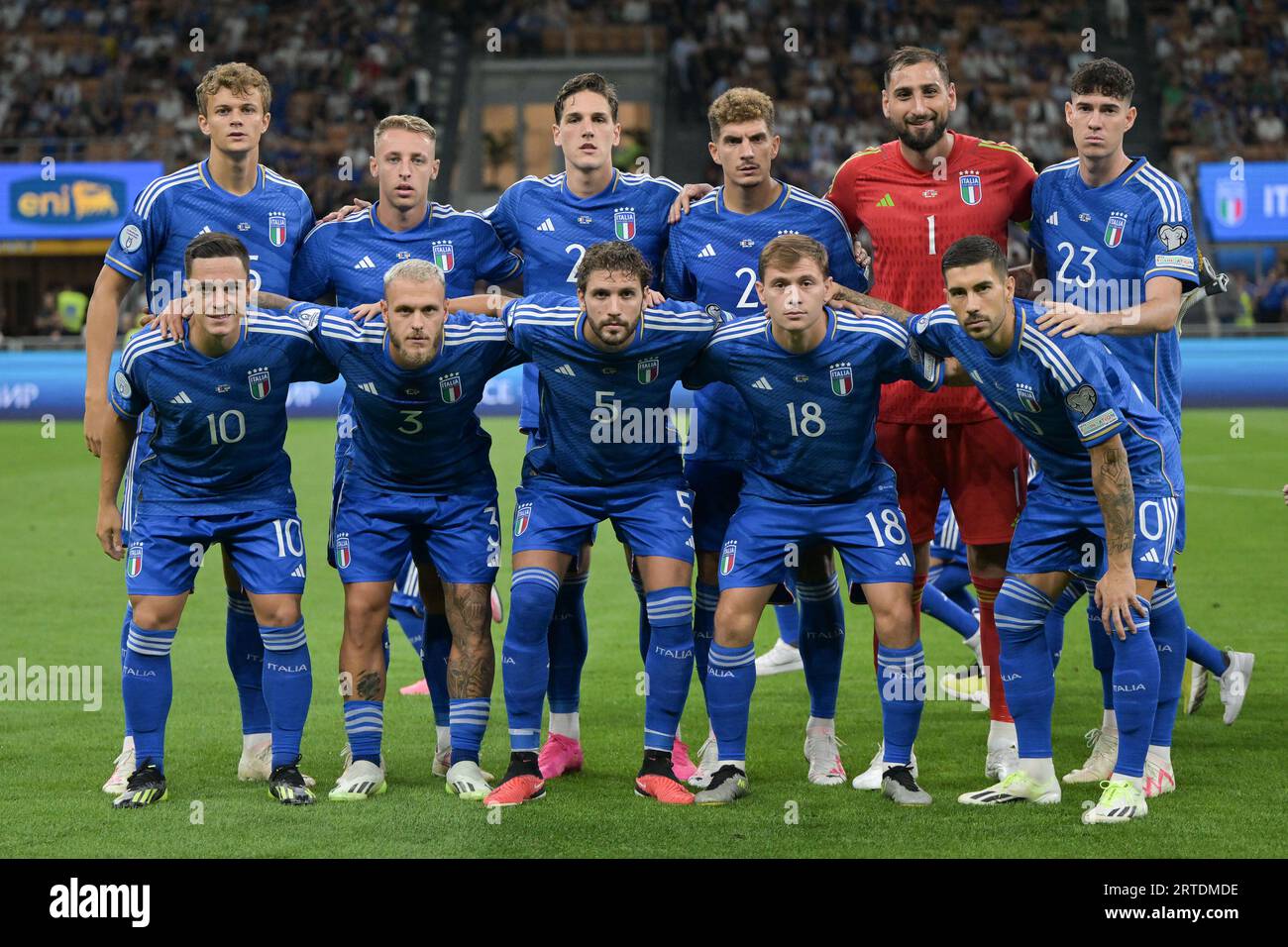 Mailand, Italien. 12/09/2023, Lineup of Italy während des Qualifikationsspiels zur UEFA EURO 2024 zwischen Italien und Ucraine am 22. September 2023 im Giuseppe Meazza San Siro Siro Stadion in Mailand, Italien. Foto Tiziano Ballabio Stockfoto