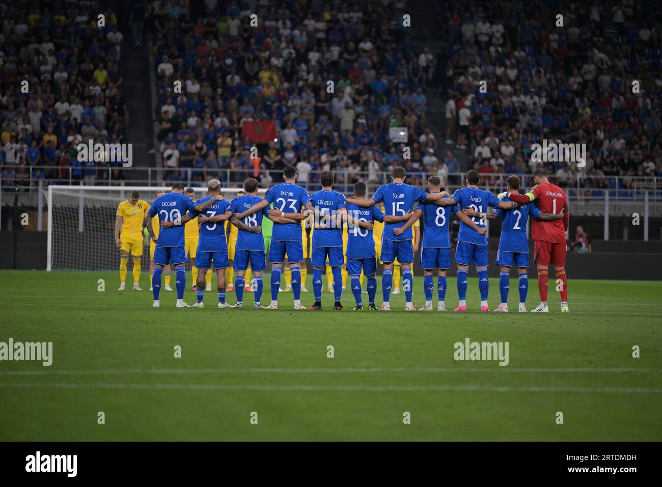Mailand, Italien. 12/09/2023, Lineup of Italy während des Qualifikationsspiels zur UEFA EURO 2024 zwischen Italien und Ucraine am 22. September 2023 im Giuseppe Meazza San Siro Siro Stadion in Mailand, Italien. Foto Tiziano Ballabio Stockfoto