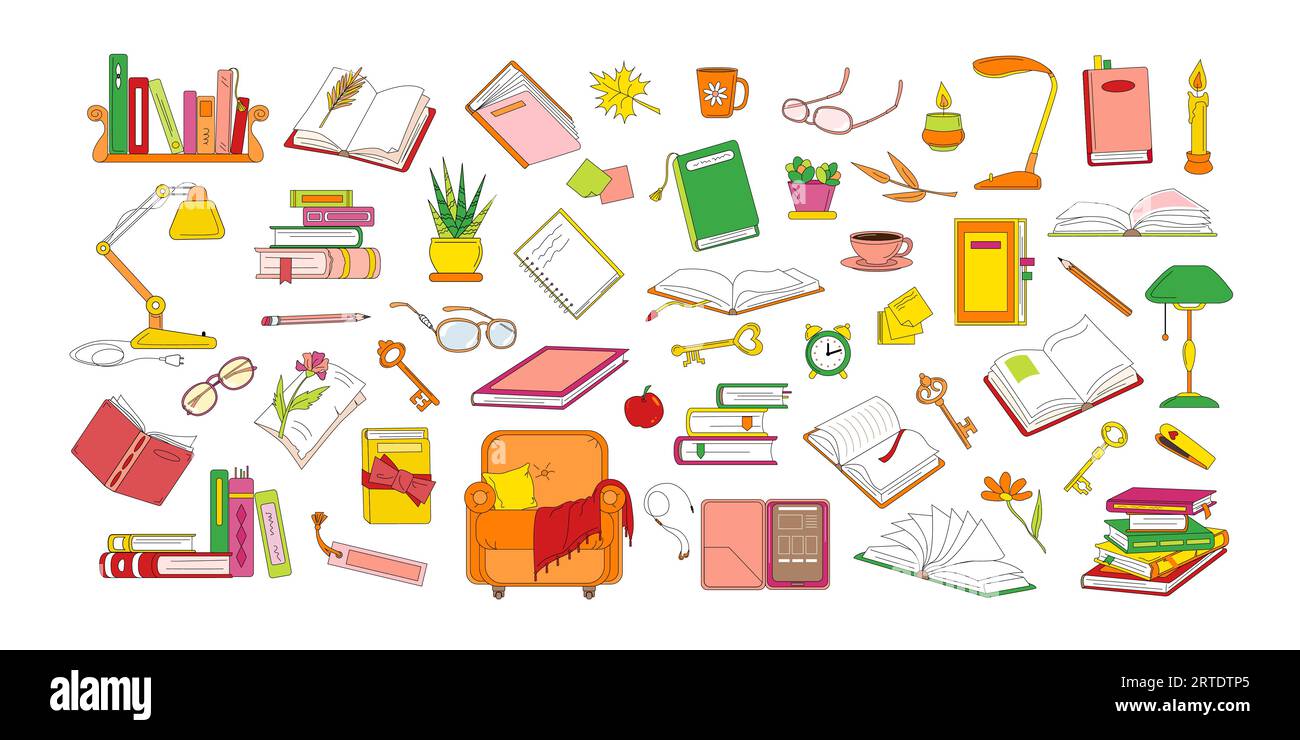 Große Anzahl von Büchern und Lesen verwandter Objekte Stock Vektor