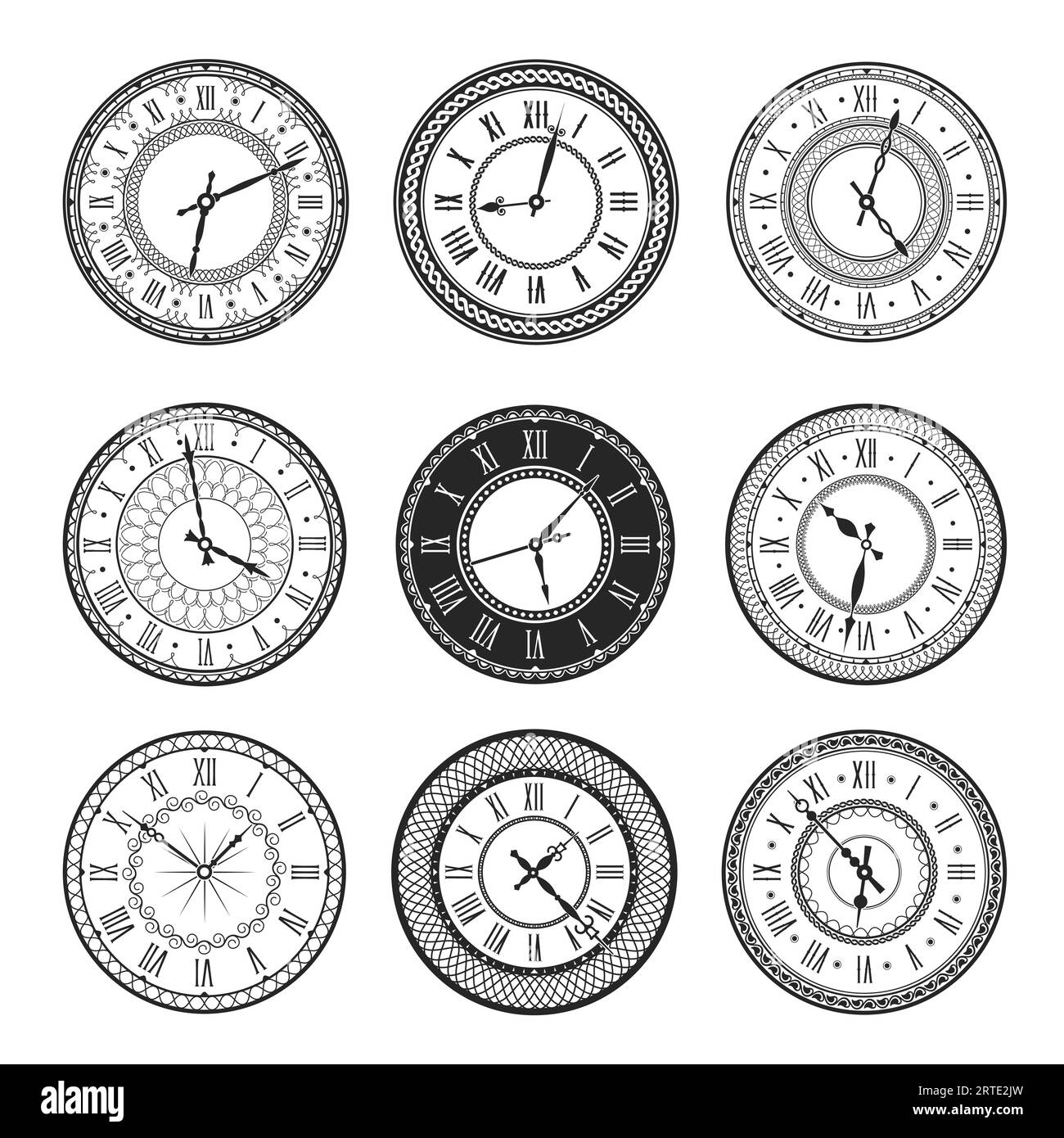 Vintage Uhr Gesicht isolierte Vektor-Ikonen von antiken Uhren mit schwarzen und weißen runden Zifferblättern. Wanduhren mit römischen Ziffern, kunstvollen Uhrzeigern und geometrischen Ornamenten, Zeitmessgerät Stock Vektor