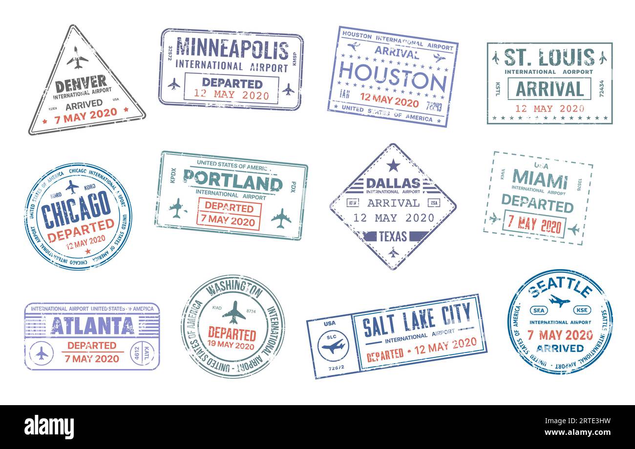 Vektorstempel für Reisepassreisen mit den Namen der USA Denver, Minneapolis, Houston, St. Louise und Chicago, Portland oder Dallas, Miami oder Atlanta und Washington Land Migration Ankunft Einreise isoliert Set Stock Vektor