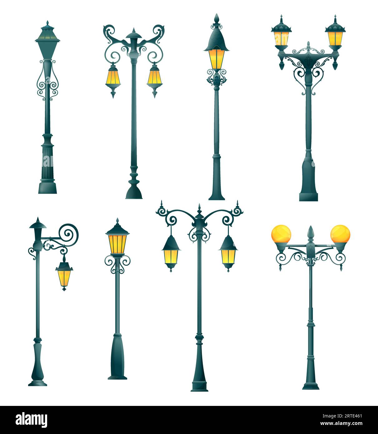 Alte Straßenlaterne und Straßenlaterne, vektorisolierte Straßenlaterne und Straßenlaternen. Vintage-Lampenpfosten oder Laternenstangen, Säulen für Stadtbeleuchtung mit Gas- oder Laternen-Glühlampen, klassische Lampenpfosten Stock Vektor